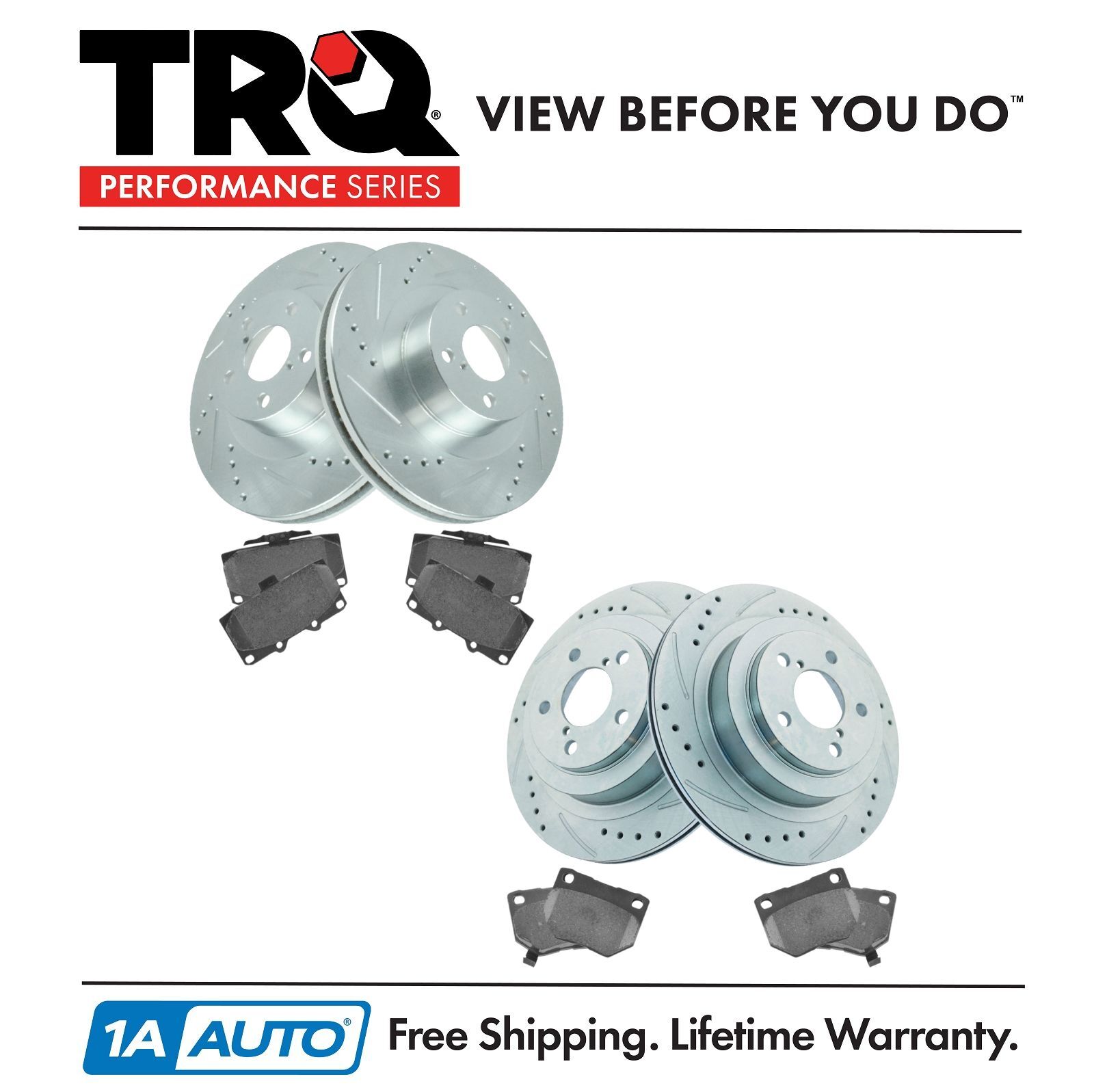 TRQ Performance Drilled Slotted Zinc Brake Rotor & Posi Ceramic Pad Front Rear