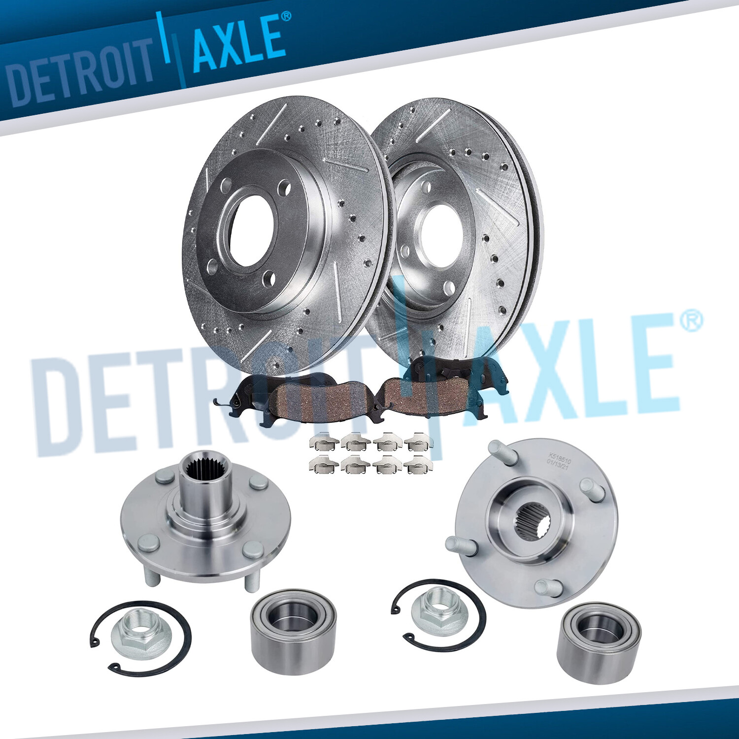Front Drilled Rotors Brake Pads Wheel Bearing Hubs for 2008 – 2011 Ford Focus