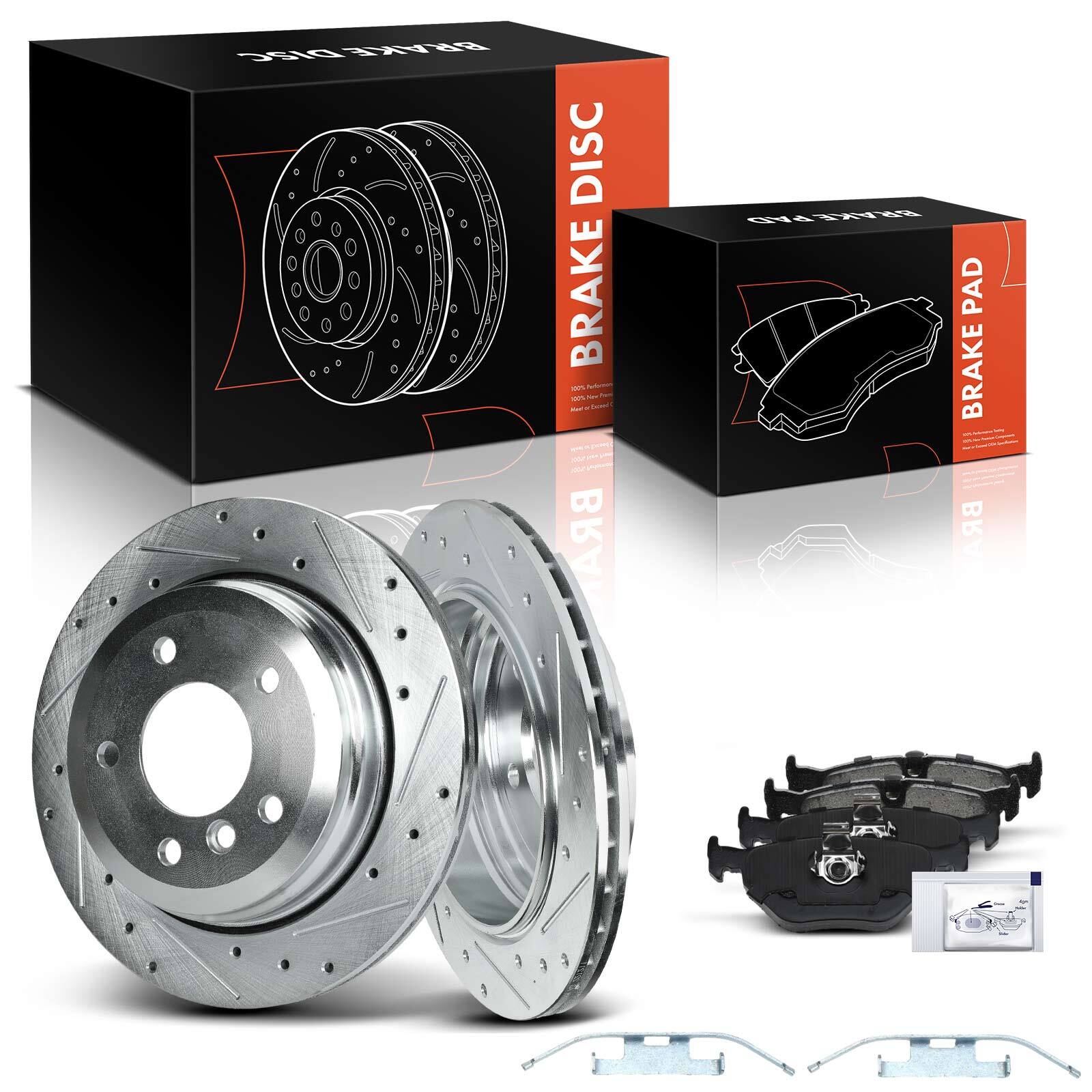 Rear LH & RH Drilled Brake Rotor & Brake Pad for BMW 325xi 2001-2005 E46 L6 2.5L