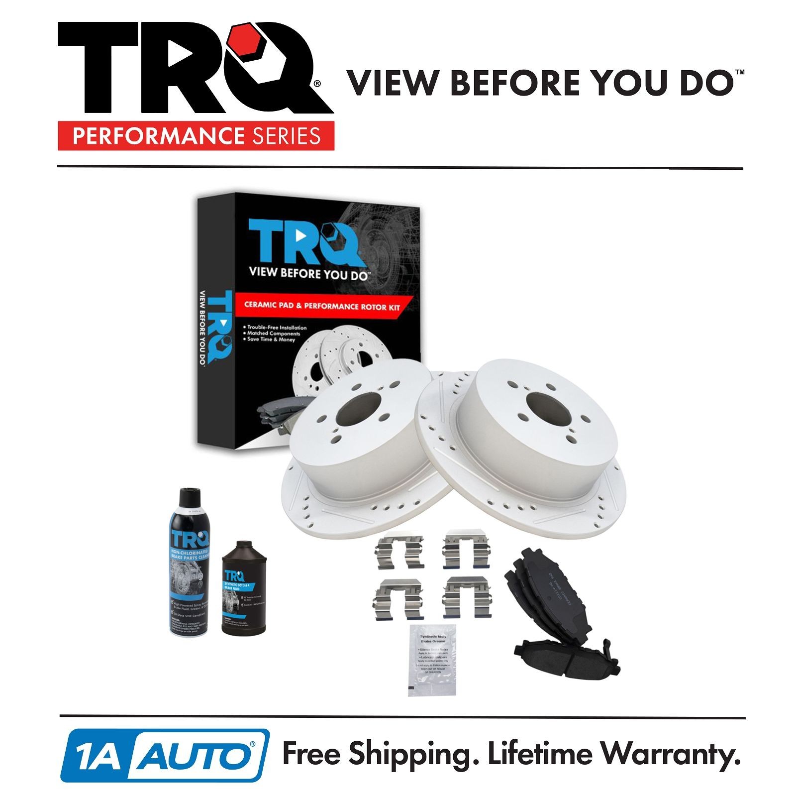 TRQ Performance Brake Rotor Drilled Slotted Rear& Ceramic Pad Kit w/Chemicals