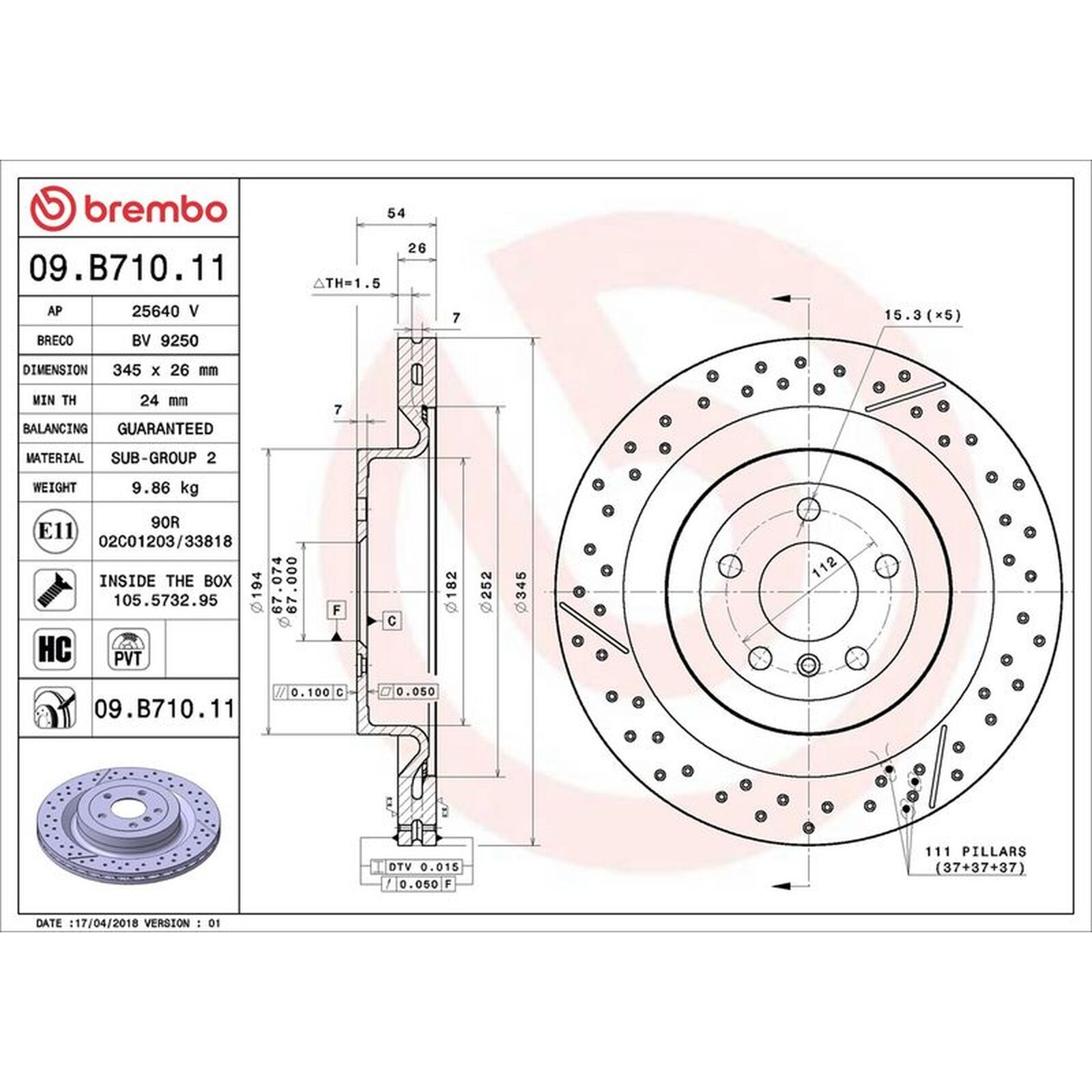 Brembo Prime Line UV Coated Vented Brake Disc – Drilled & Slotted – 09.B710.11
