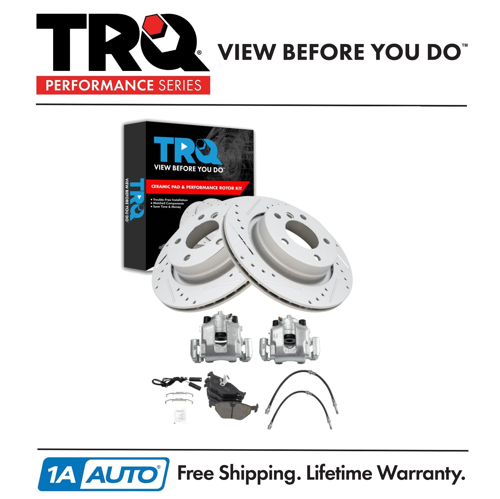 TRQ Rear Brake Pad & Rotor Kit Slotted X Drilled Ceramic G-Coated Rear Fits BMW