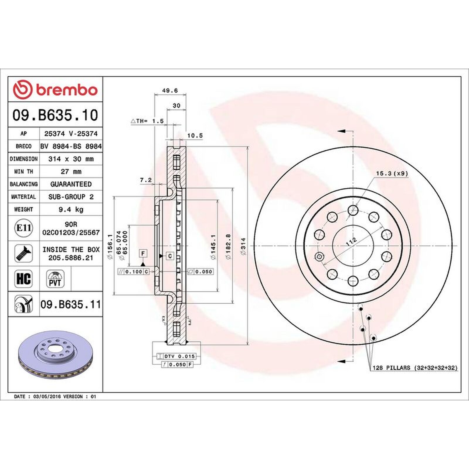 Brembo Prime Line UV Coated Vented Brake Disc 09.B635.11 – High Quality