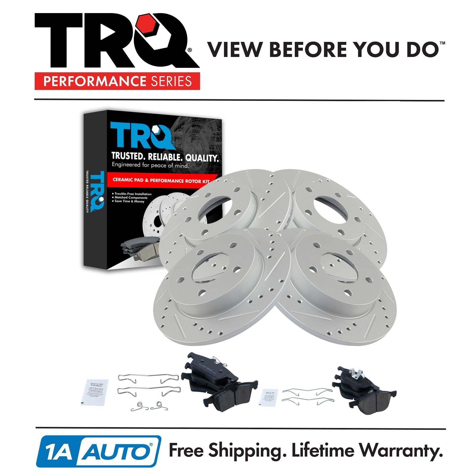 TRQ Brake Rotor Drilled Slotted Zinc Coated & Ceramic Pad Front & Rear Kit