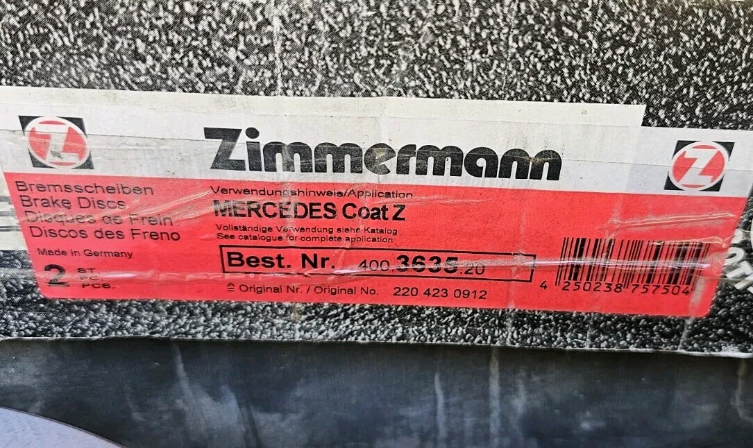 2x Mercedes W220 Rear Zimmermann 400.3635.20 Standard Coat Z Disc Brake Rotor