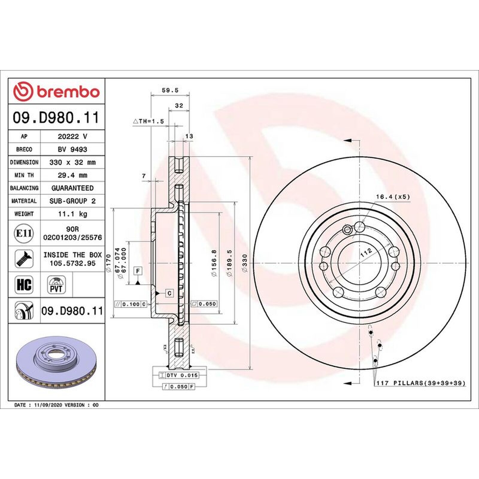 Brembo Prime Line UV Coated Vented Brake Disc 09.D980.11 Fits Mercedes