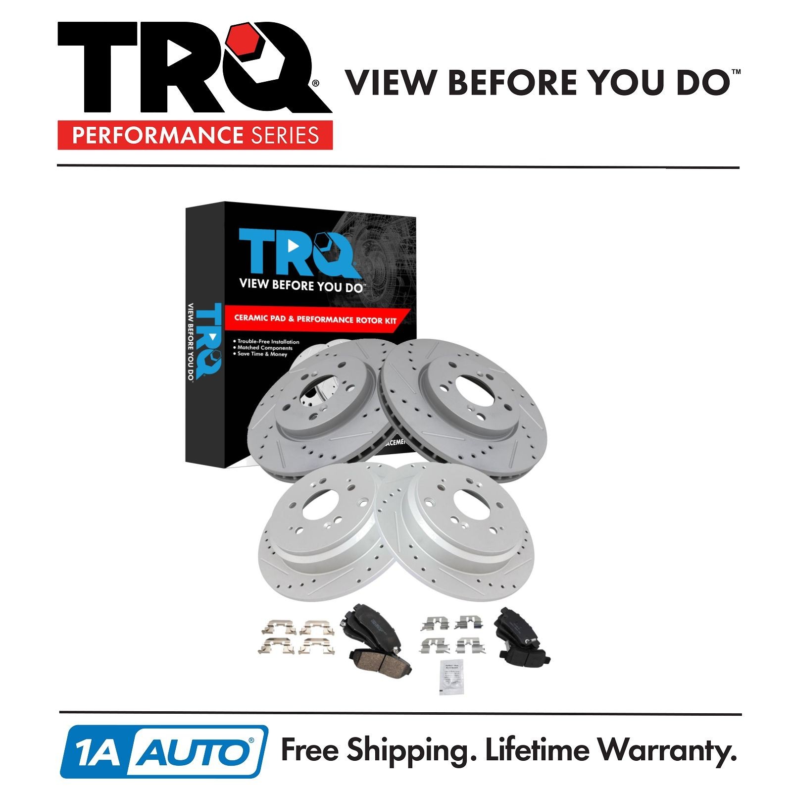TRQ Front & Rear Ceramic Brake Pad & Performance Drilled Slotted Rotor Kit