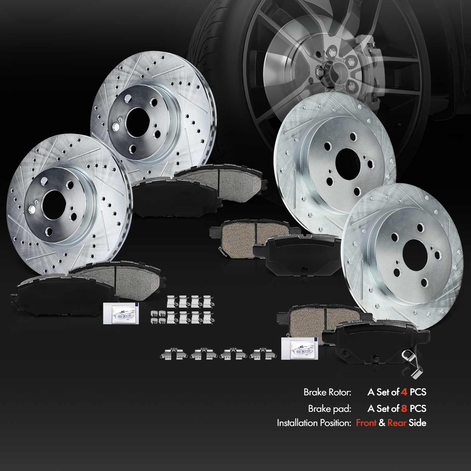 12Pcs Front & Rear Drilled Brake Rotors & Brake Pads for Toyota Corolla Pontiac
