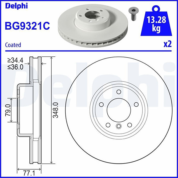 Delphi BG9321C Single Front Coated Brake Disc for BMW 5 6 Series