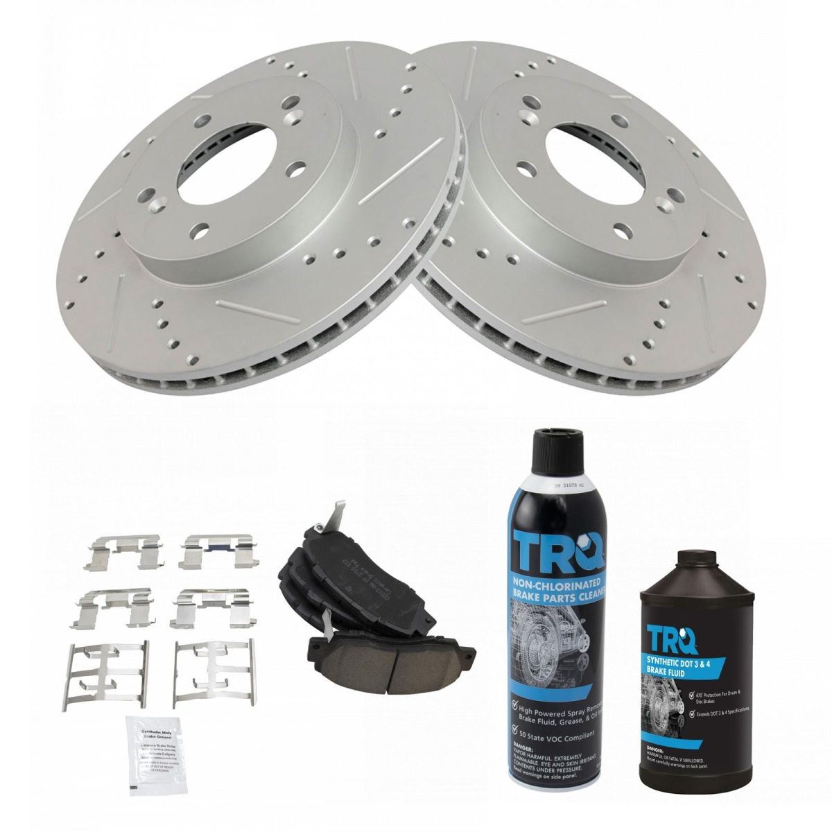 TRQ Front Performance & Brake Rotor & Ceramic Pad Kit w/Chemicals