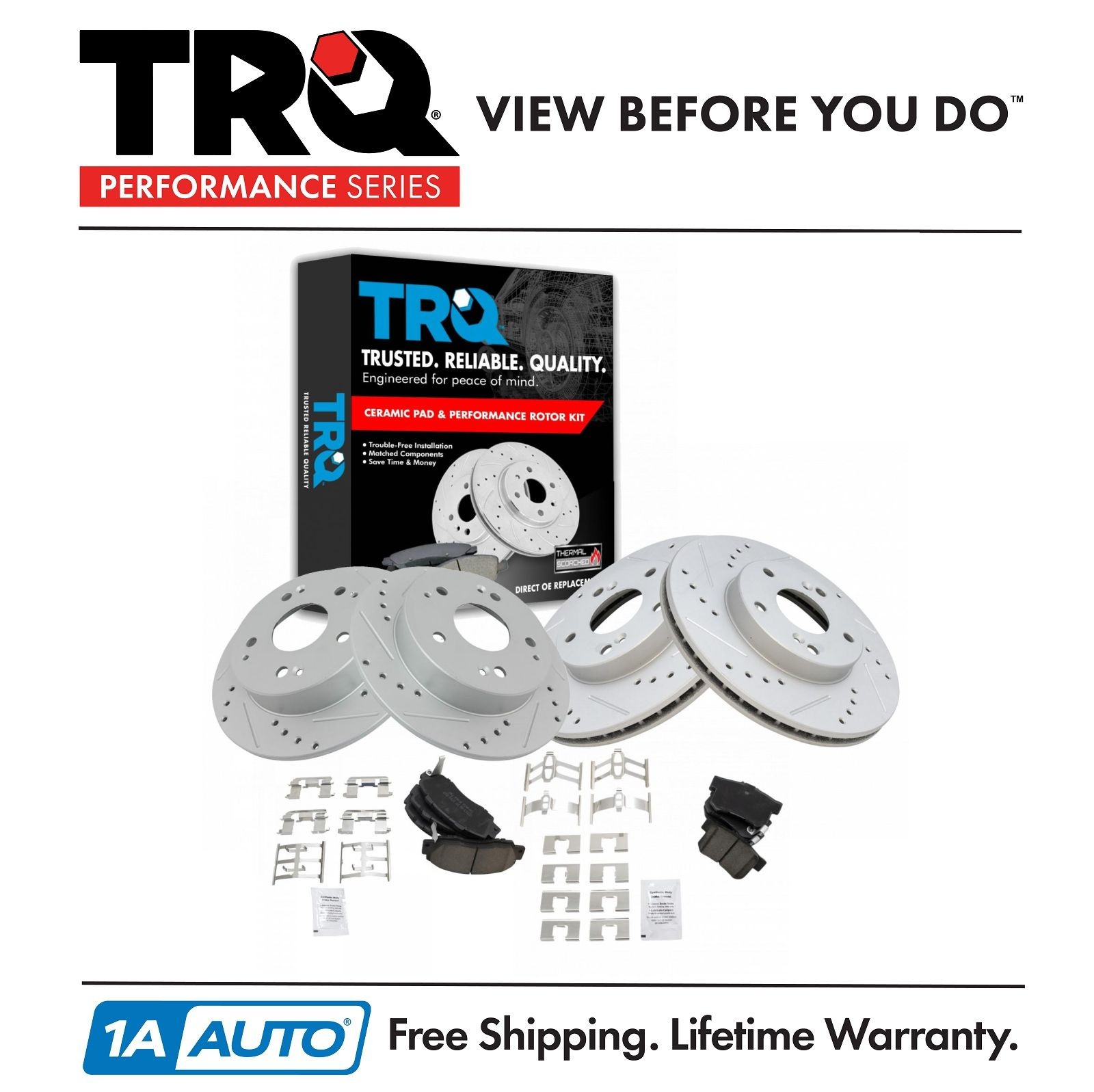 TRQ Performance Drilled Slotted Rotor & Ceramic Brake Pad Front & Rear Kit