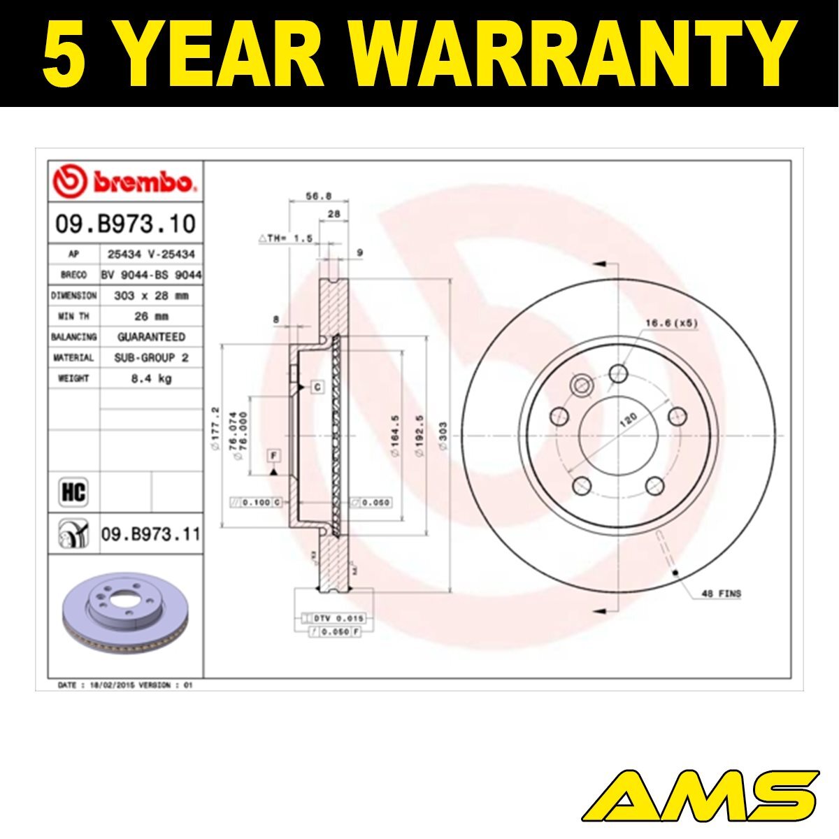 Fits VW Amarok 2010- 2.0 TDi 3.0 Brake Disc Front AMS #1 2H0615301A