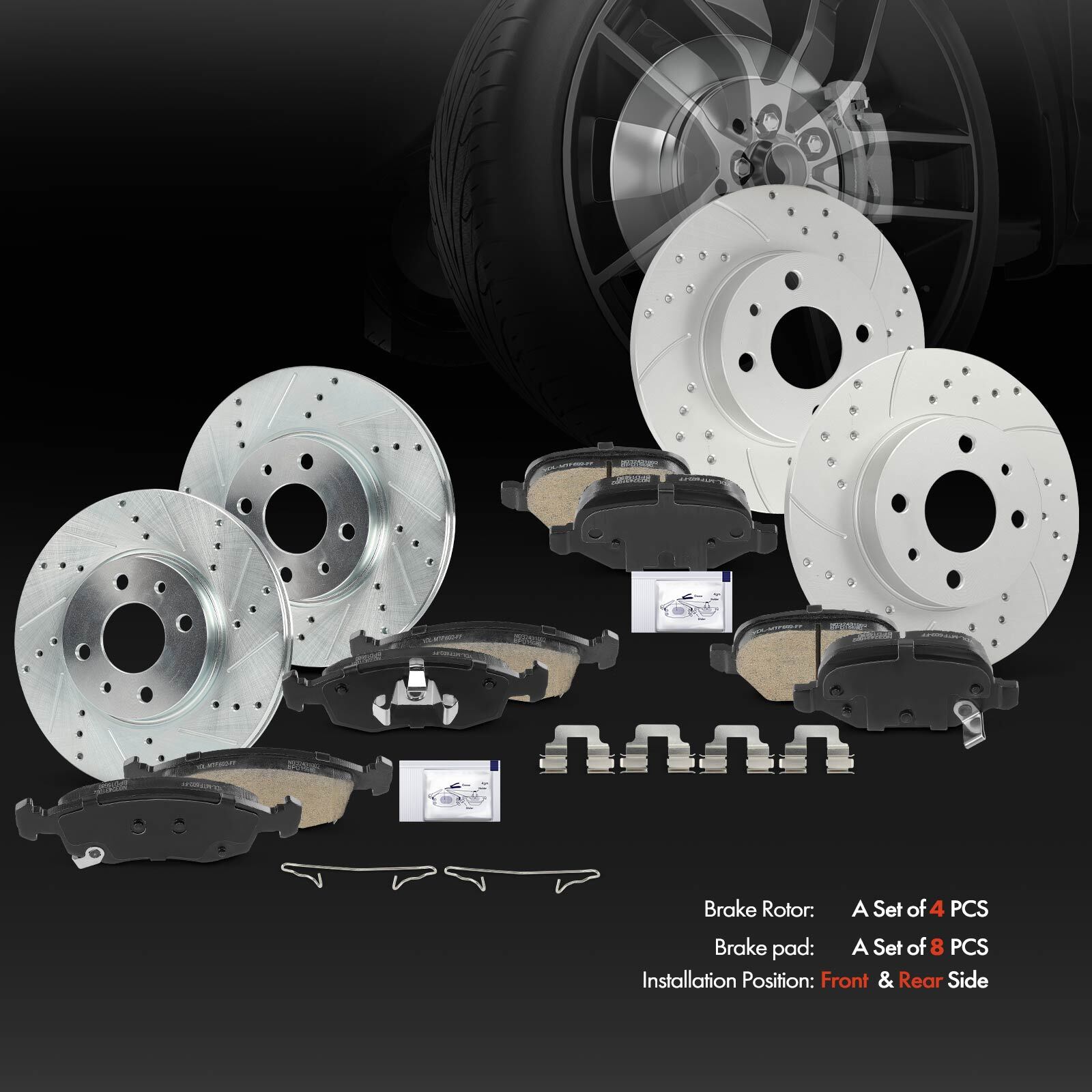 12pcs Front & Rear Left & Right Drilled Rotor & Brake Pad for Fiat 500 2012-2017