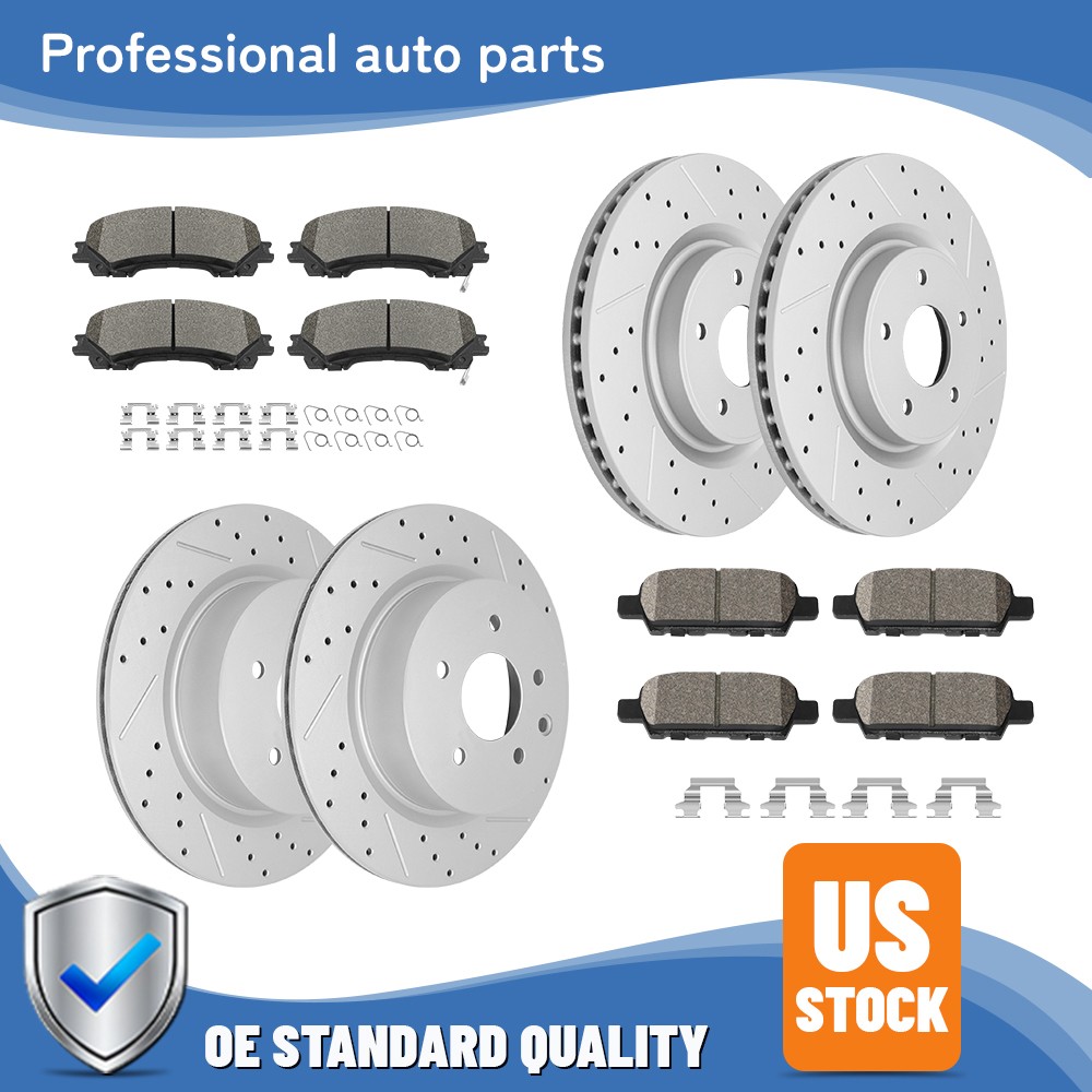Front Rear Drilled Brake Disc Rotors Ceramic Pads Kit For Infiniti QX50 Nissan Z