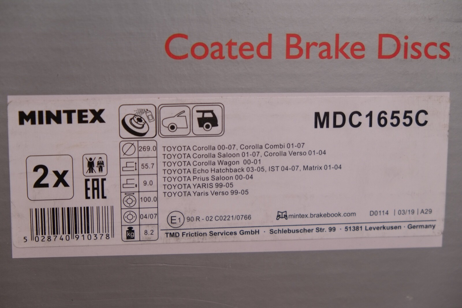 Mintex Coated Brake Discs, MDC1655C, For Toyota Corolla/Yaris models, Pair, BNIB