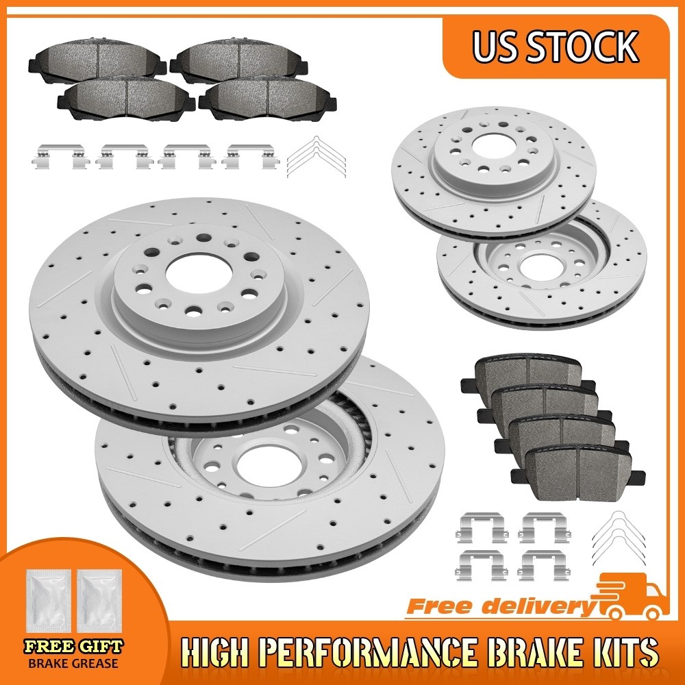 Front Rear Drilled Rotors Ceramic Brake Pad For 2017-2020 Cadillac Xt5/6 Enclave