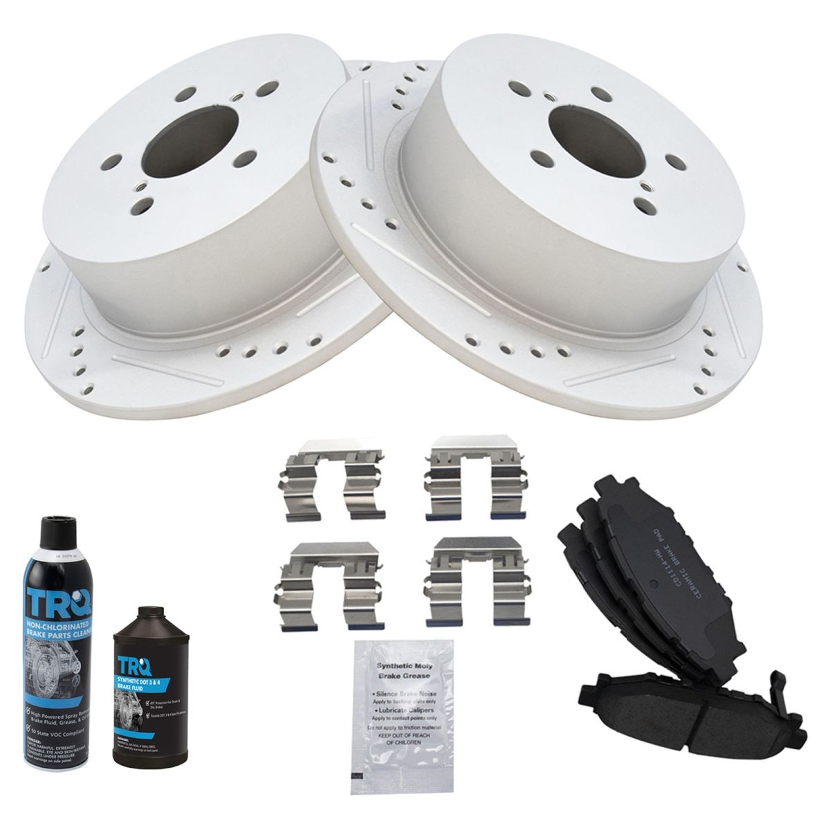 TRQ Performance Brake Rotor Drilled Slotted Rear& Ceramic Pad Kit w/Chemicals