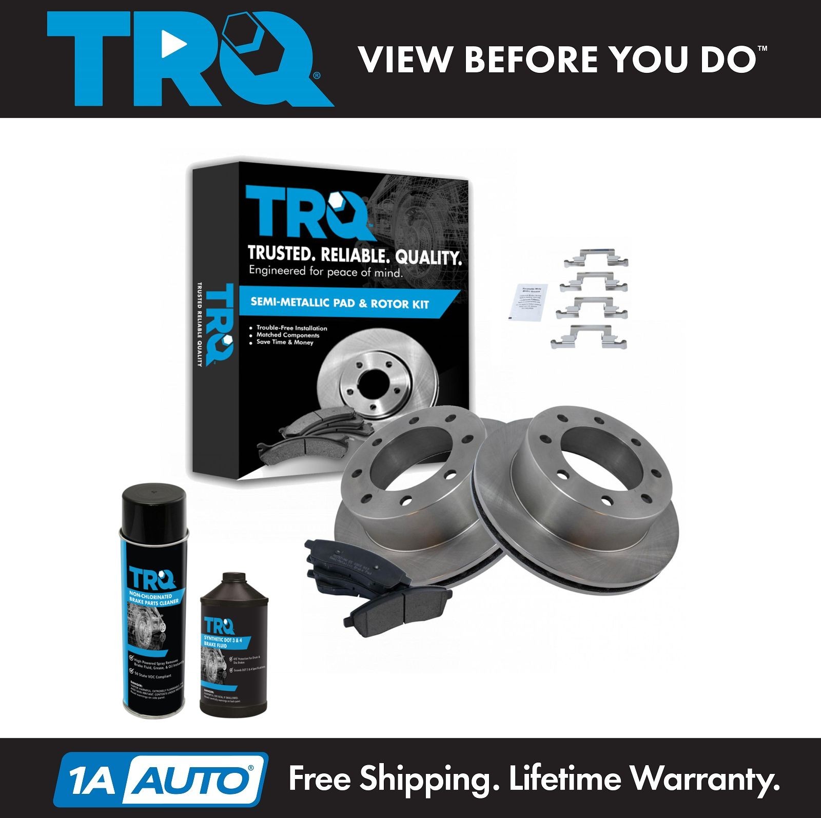 TRQ Rear Premium Semi Metallic Brake Pad & Rotor Kit w/Chemicals for Ford Truck