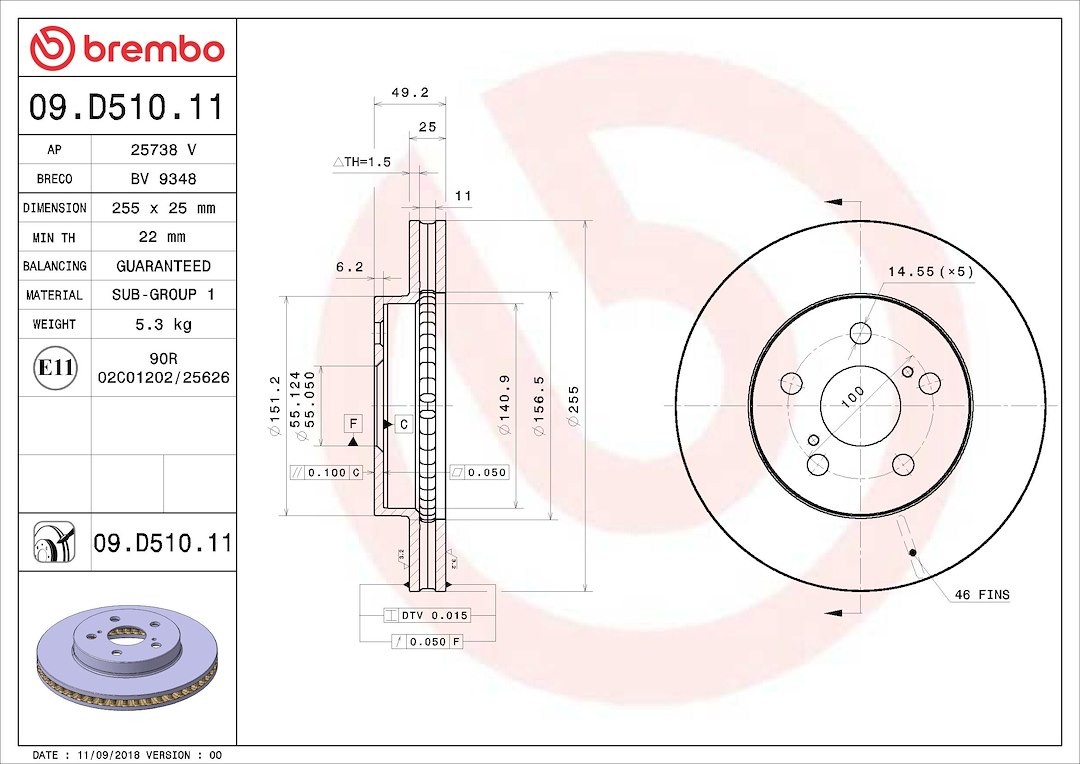 Brembo 09D51011C02 Brake Rotor Prime Vented Wheel Bolt Pattern 5 x 100mm Single