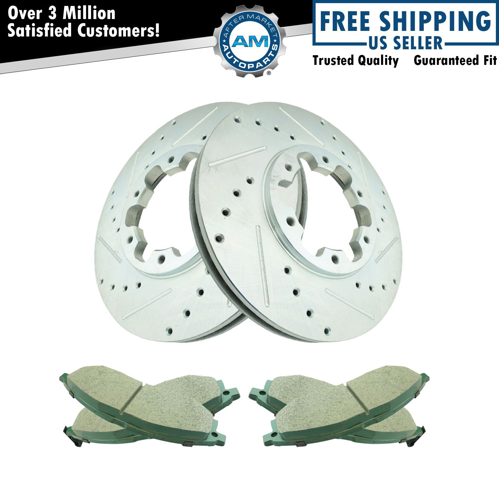 Front Ceramic Disc Brake Pad & Performance Drilled Slotted Coated Rotor Kit New
