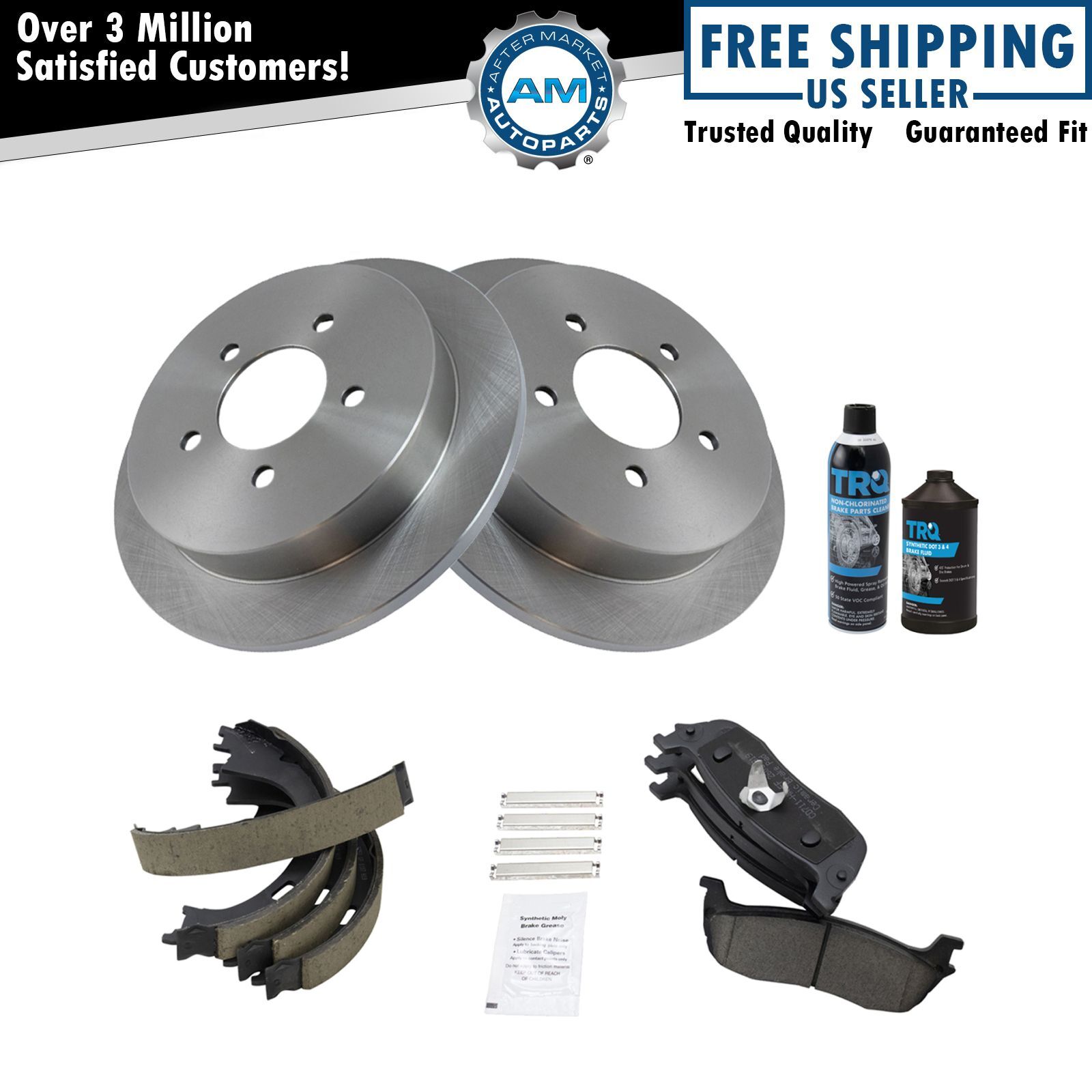 Rear Brake Kit Ceramic Brake Pad Rotor Parking Shoes w/Chemicals