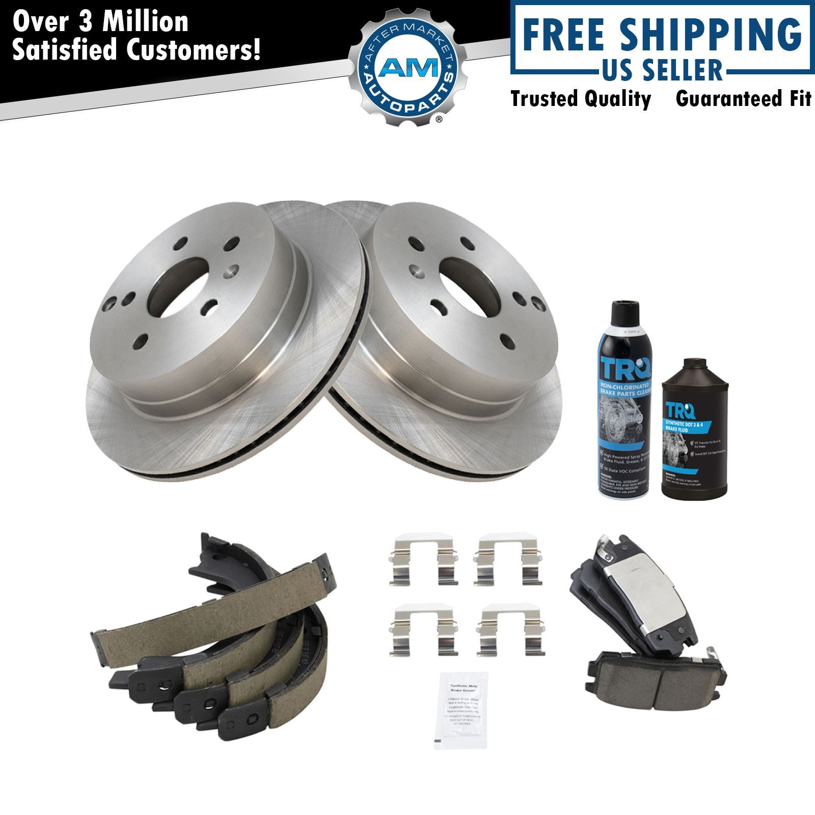 Rear Brake Kit Ceramic Brake Pad Rotor Parking Shoes w/Chemicals