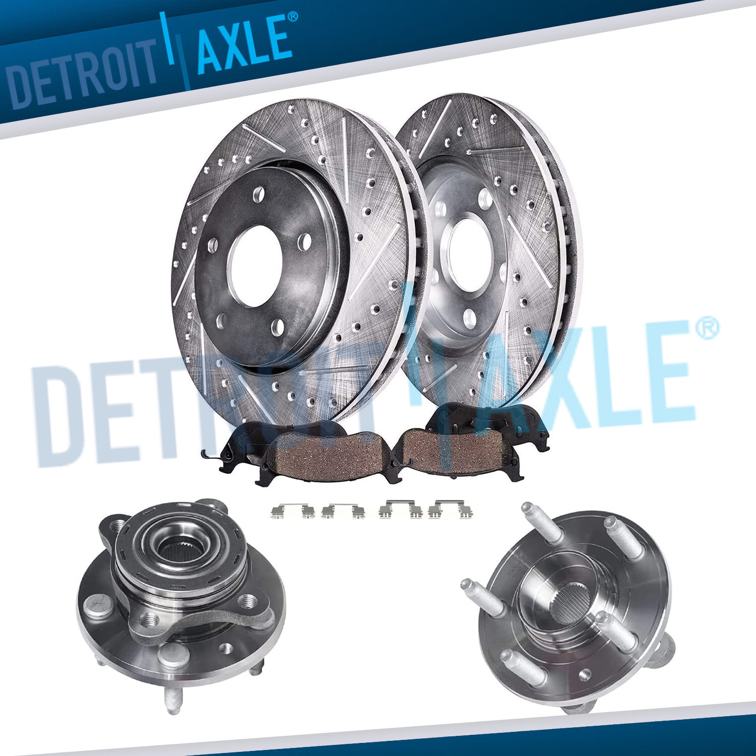 Front Dril Brake Rotor Pad + Wheel Hub Kit 2005 2006 2007 2008 2009 Ford Mercury