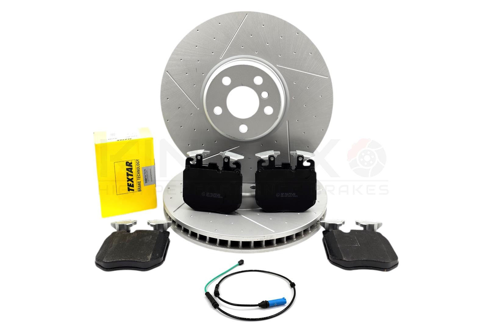 FOR BMW 740e M SPORT DIMPLED GROOVED FRONT BRAKE DISCS TEXTAR PADS SENSOR 374mm