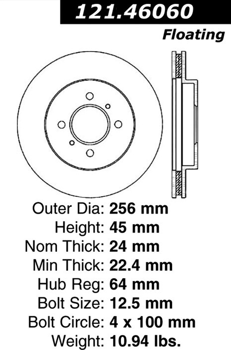 Centric Front Disc Brake Rotor for Lancer, Mirage (121.46060)