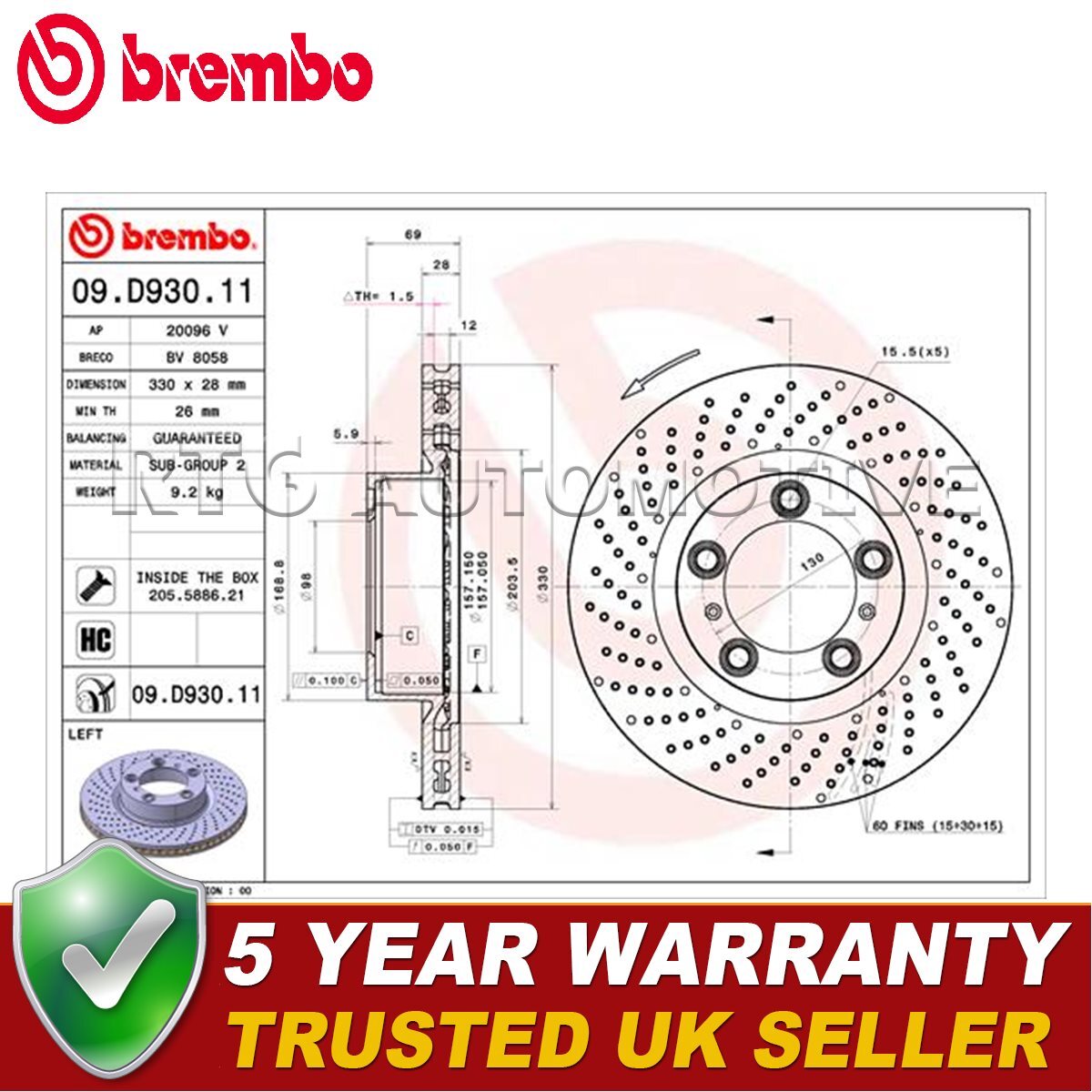 Brembo Front Left Brake Disc Fits Porsche 911 718 Boxster Cayman + Other Models