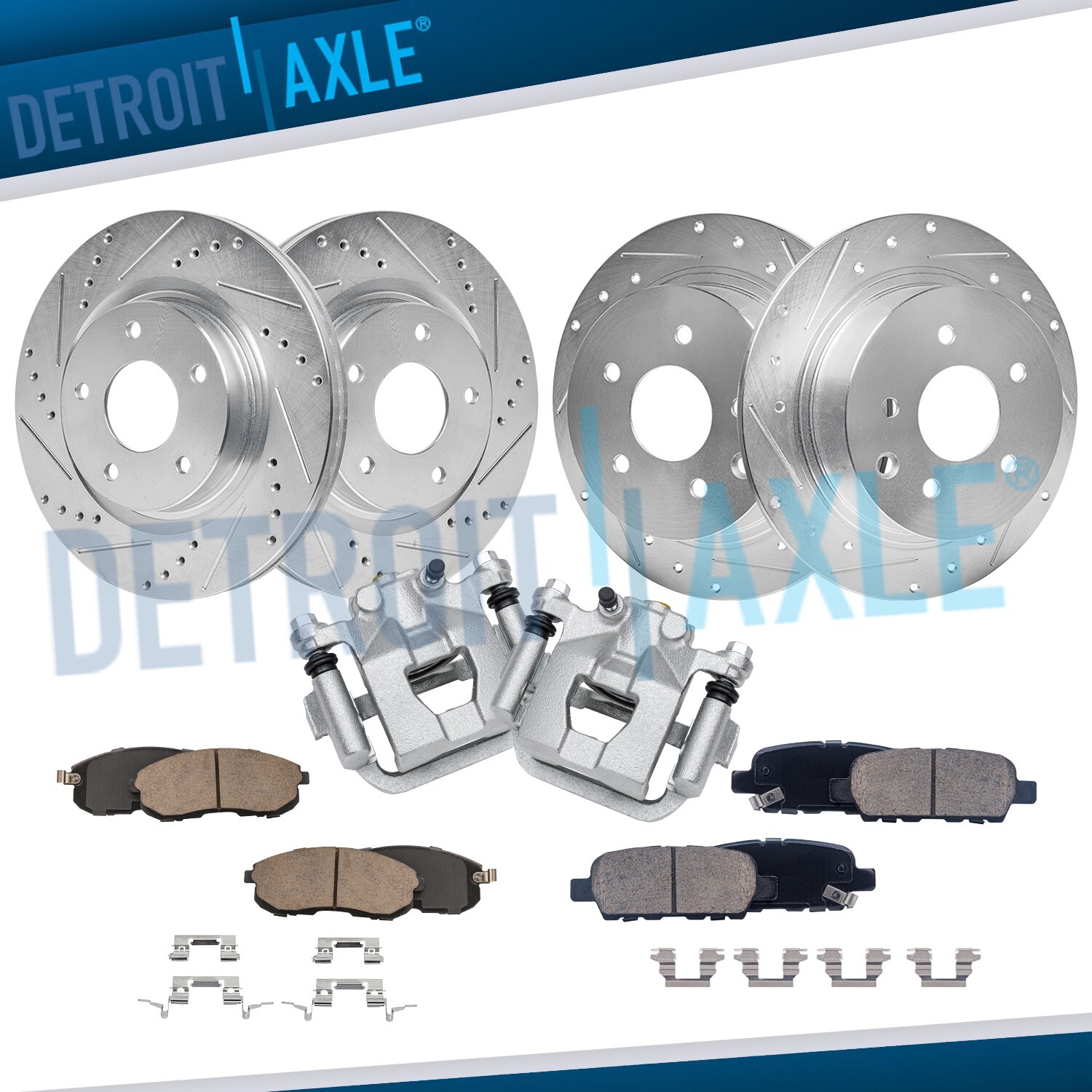 Front Rear Drilled Rotors Brake Pads + Rear Calipers for 2007-2013 Nissan Altima