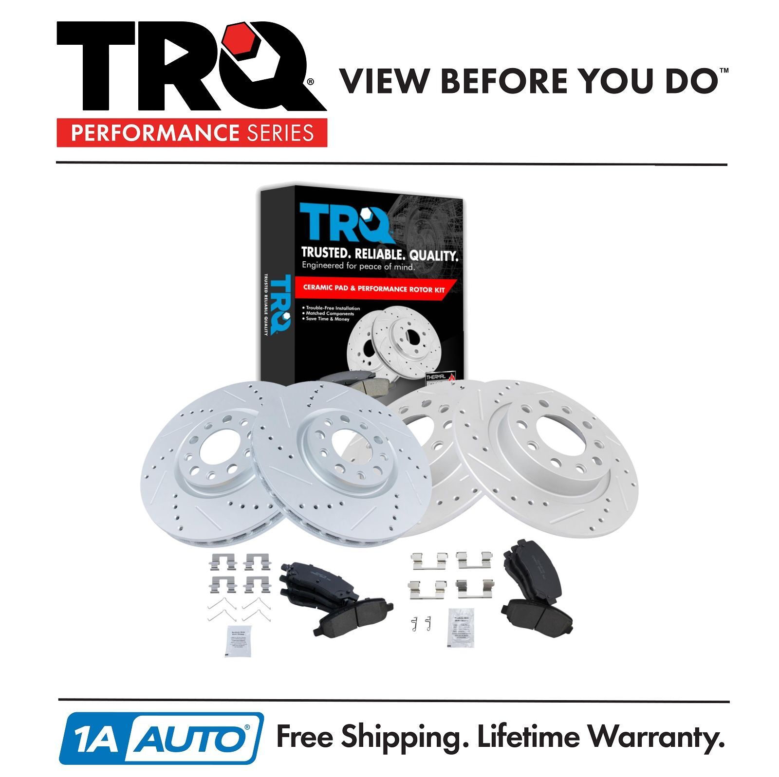 TRQ Performance Brake Rotor Drilled Slotted & Ceramic Pad Front Rear Kit