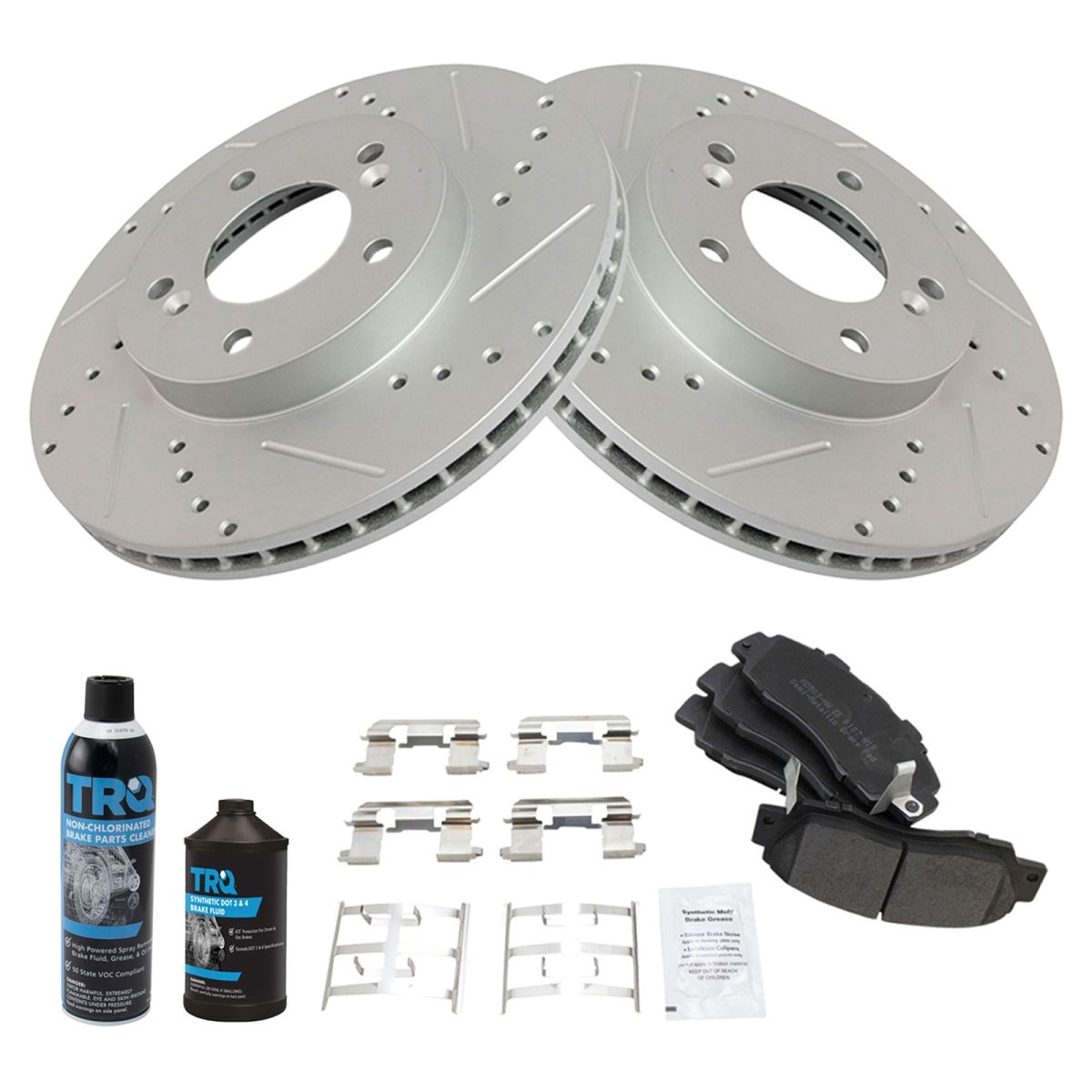 TRQ Front Performance & Brake Rotor & Metallic Pad Kit w/Chemicals