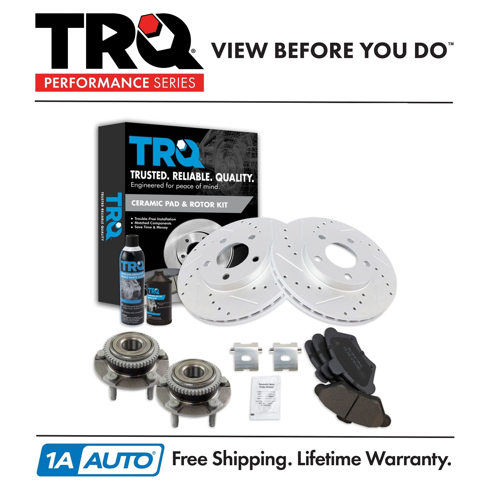 TRQ Wheel Hub Ceramic Brake Pad Performance Rotor Front Kit for Ford Mustang