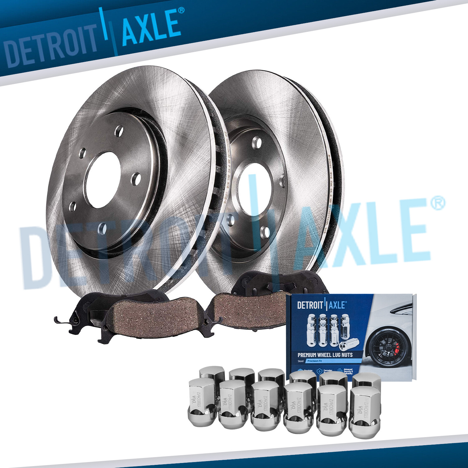 5-Lug Front Disc Rotors Brake Pads w/ 12pc Wheel Lug Nuts for 2012-2018 Ram 1500