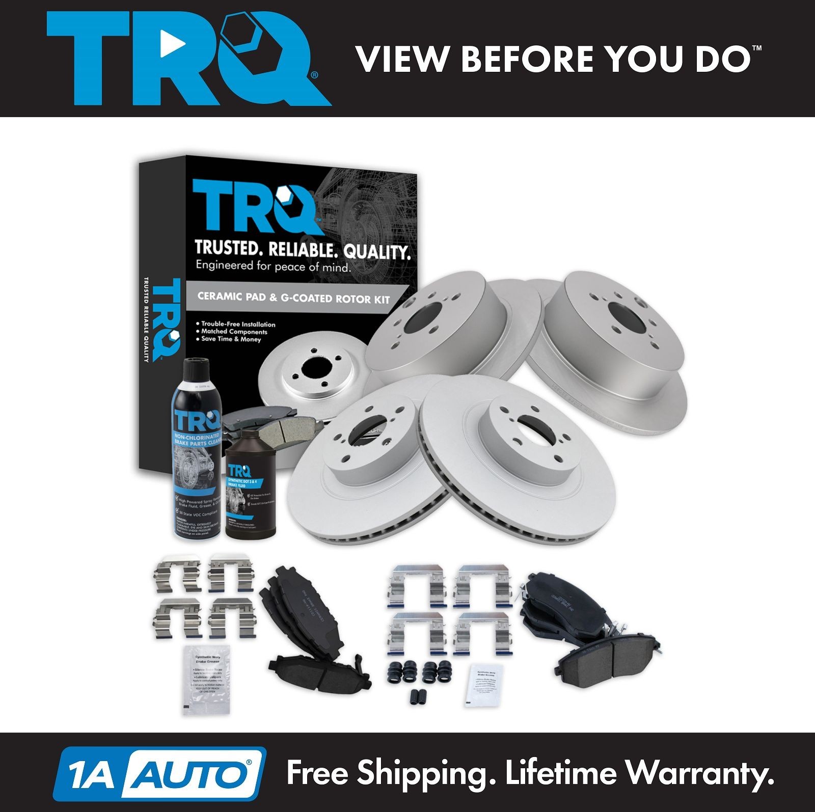 TRQ Front & Rear Ceramic Brake Pad & Coated Rotor Kit w/Chemicals for Subaru