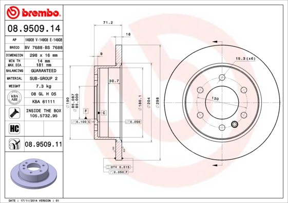 Brembo 08.9509.11 Brake Disc for Mercedes-Benz, Mercedes-Benz (FJDA), VW