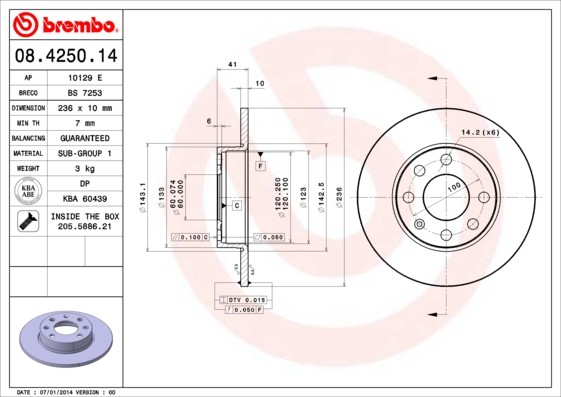 Brembo 08.4250.14 Brake Disc for Bedford, Opel, Vauxhall