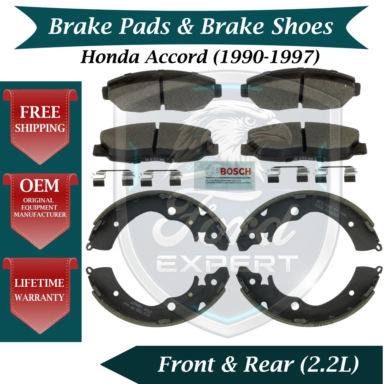 Bosch OEM Front Pads & Rear Shoes For 1990-1997 Honda Accord Lifetime Warranty
