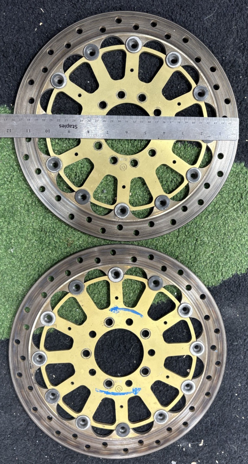 2 BREMBO 12 INCH RACING ROTORS, WITH GOLD ANODIZED FLAT CARRIERS